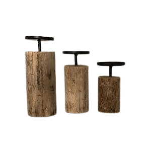IRON & WOOD PILLAR CANDLE HOLDER SET OF 3 (POLISH)